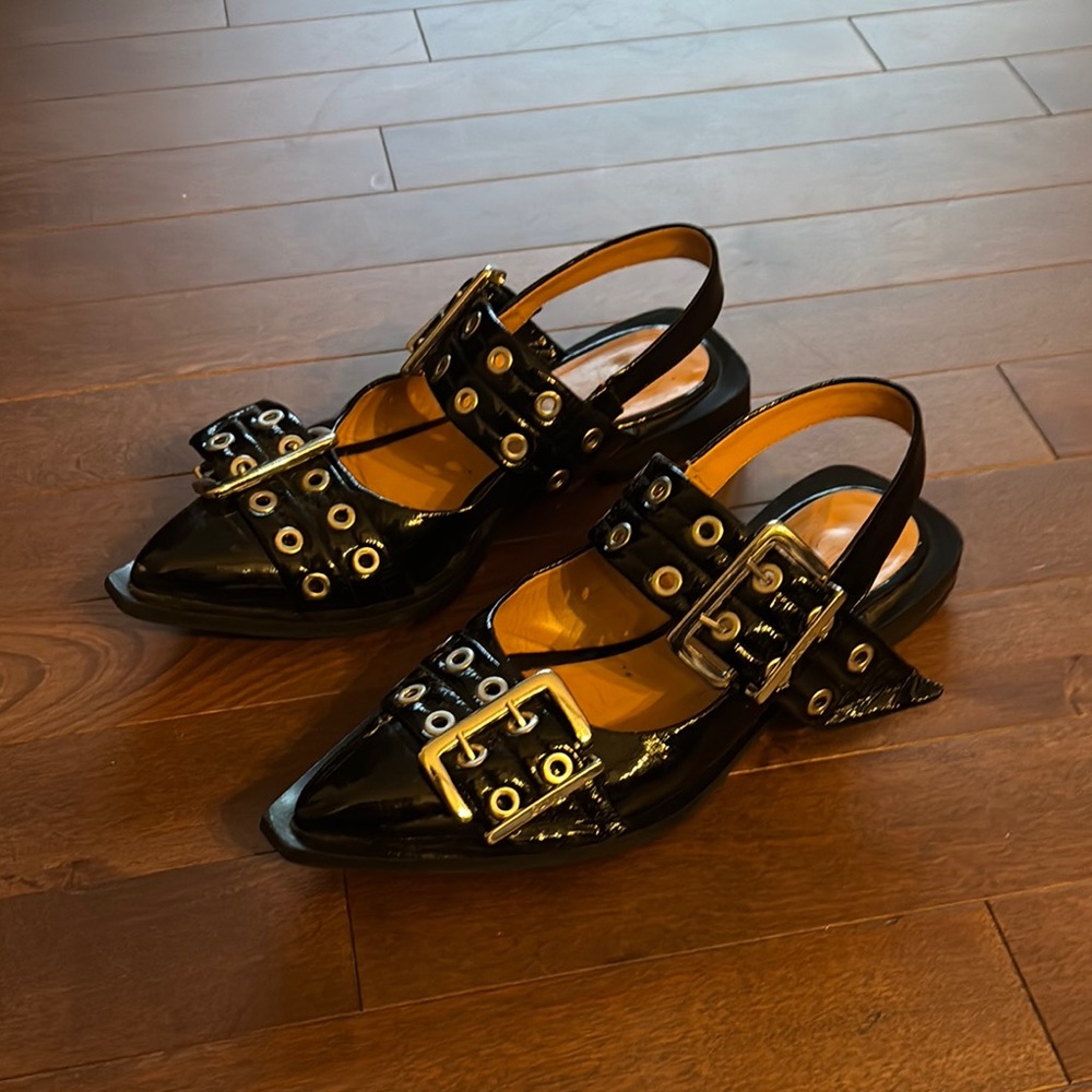 Ganni Buckle Ballerina Flats in Black